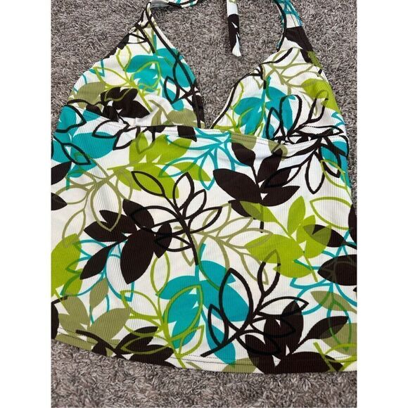 vintage y2k body i.d. ribbed tankini swim halter top retro groovy leaf print S/M - Picture 3 of 7
